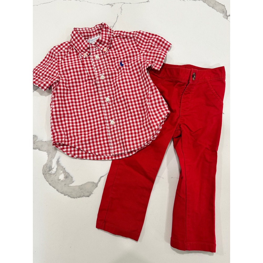 Ralph Lauren Old Navy Baby Boys Outfit Set Red Gingham Check Shirt Pants 12M‎